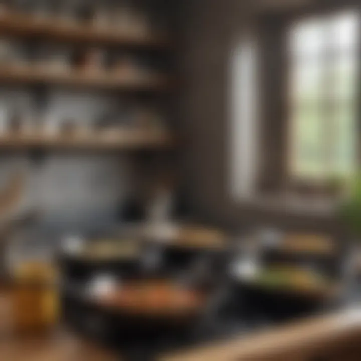 An array of skillets of various materials on a kitchen countertop.