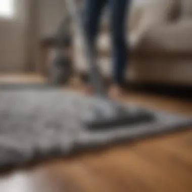 Person using a vacuum cleaner on a throw rug